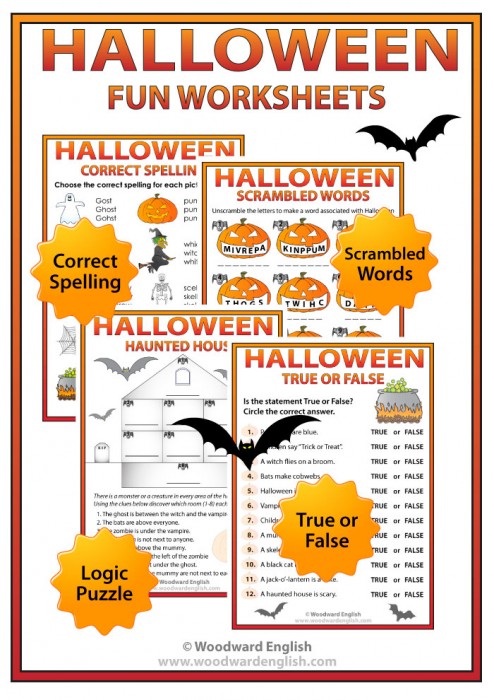 Printable Halloween Worksheets for learning English - Spelling, True or False, Scrambled Words, Puzzle.