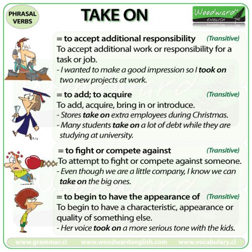 TAKE ON Phrasal Verb Meanings And Examples Woodward English