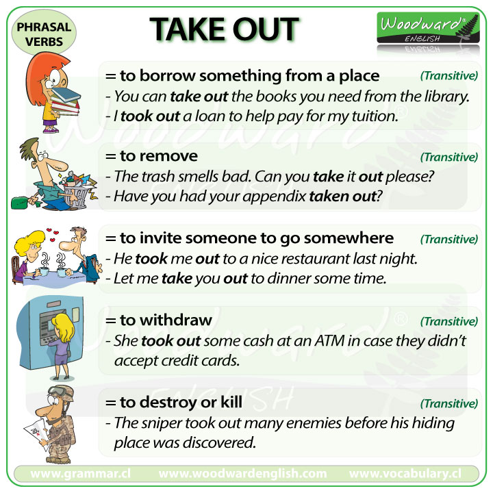 TAKE OUT Phrasal Verb Meanings And Examples Woodward English