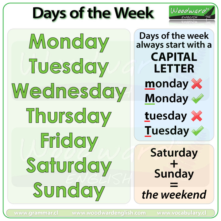 Days of the week in English Woodward English  Learn english, Learn english  words, English day