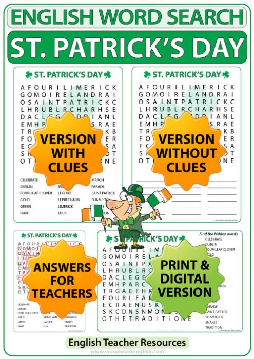 Saint Patrick's Day English Word Search PDF and Online - Woodward English Teacher Resource